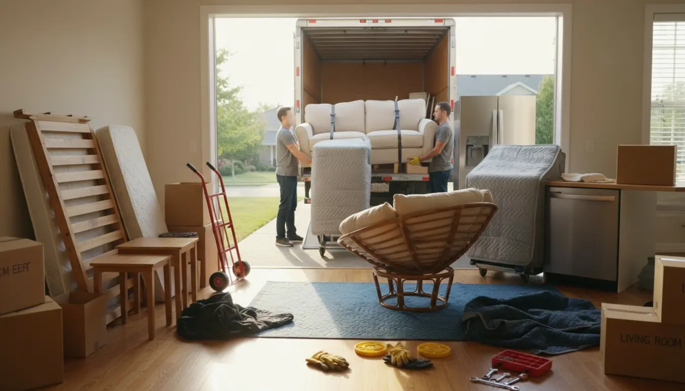 Flyttefolk læsser sofa, stor kurvestol, køleskab og vaskemaskine ind i en flyttebil foran et solrigt hus.