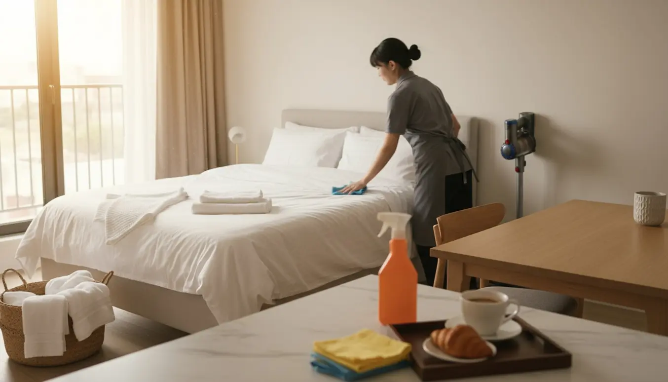 En rengøringsperson tørrer et bord af i et lyst, ryddeligt Airbnb med nydeligt redt seng og friske håndklæder.