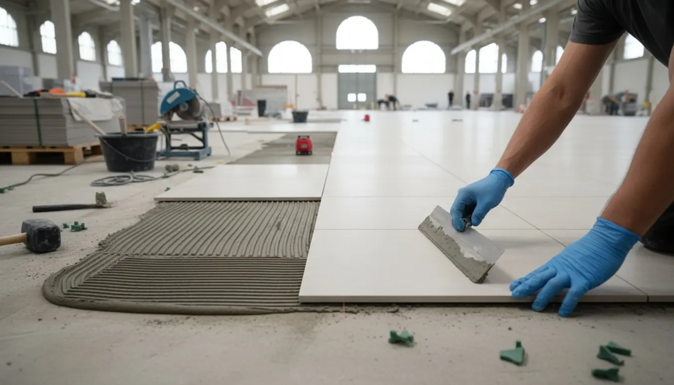 Nærbillede af fliselægning på beton med tandsparkel, flisekryds og stabler af fliser i en lys hal.