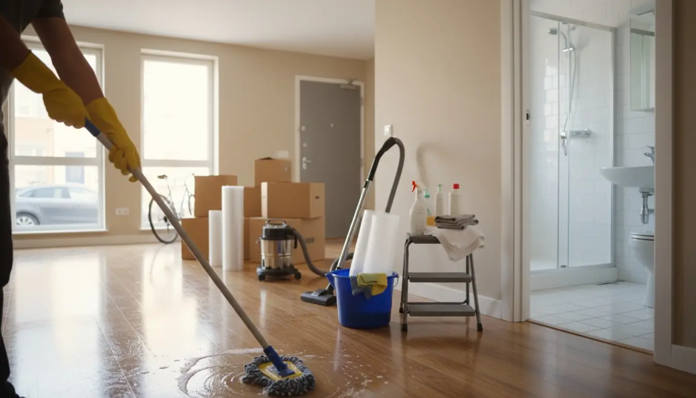 Tom toværelses lejlighed med flyttekasser og rengøringsudstyr under fraflytningsrengøring.