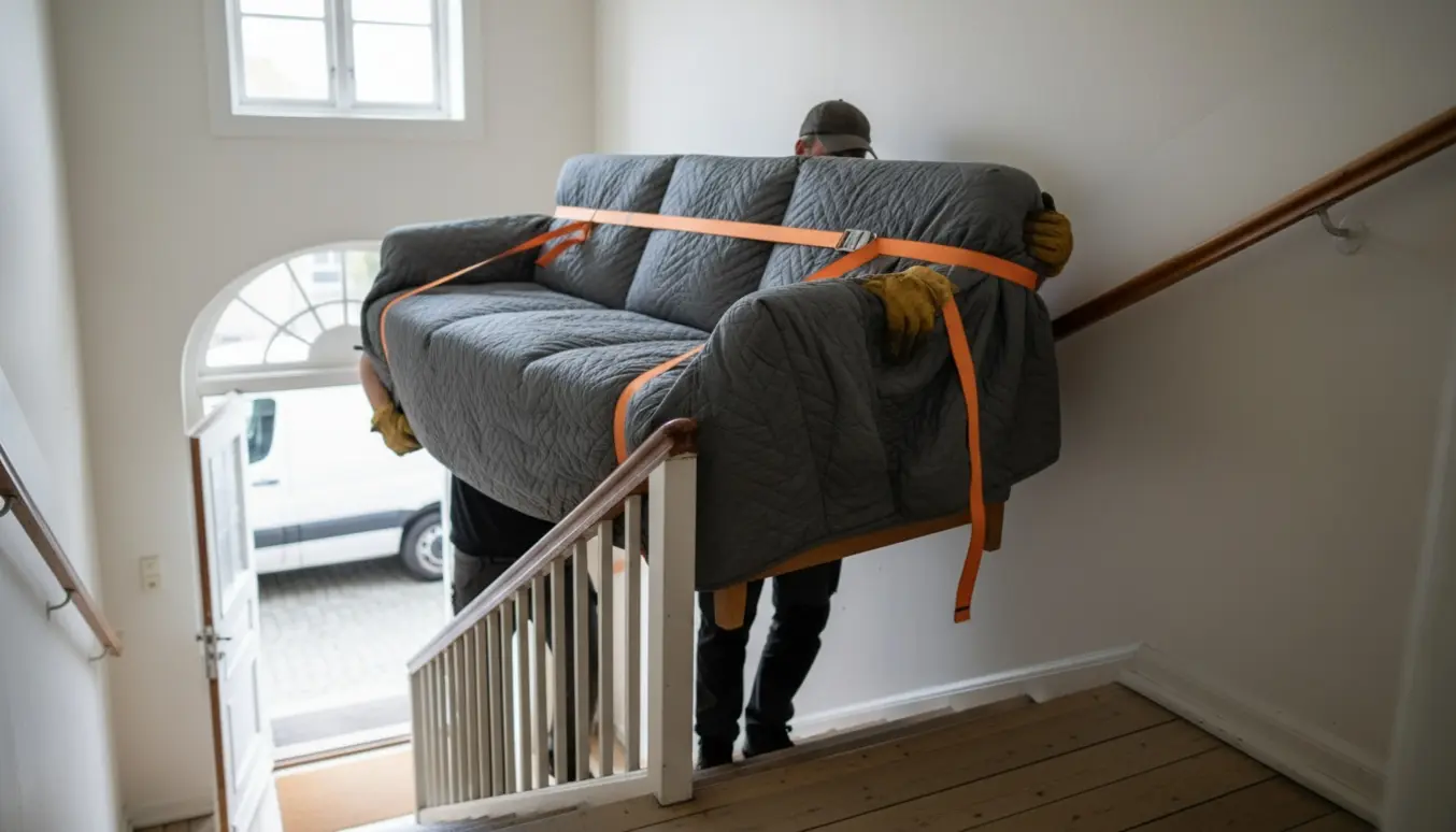 To flyttemænd bærer en 3-personers sofa i ét stykke op ad trappen til en lejlighed.