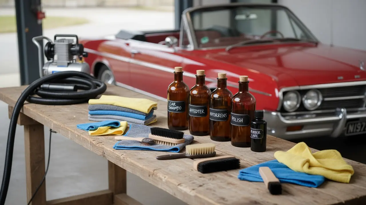 Oversigt over rengøringsudstyr til bil: mikrofiber, børster, shampoo, affedter, polish