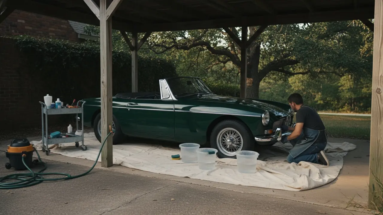 Veteranbil i skygge, arbejdsområde forberedt med spande, håndklæder og værktøj