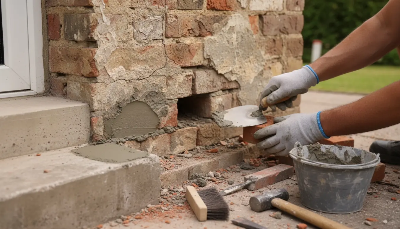 Nærbillede af murerarbejde med hænder, der påfører mørtel ved reparation af løs mursten, afskalninger i sokkel og trappe.