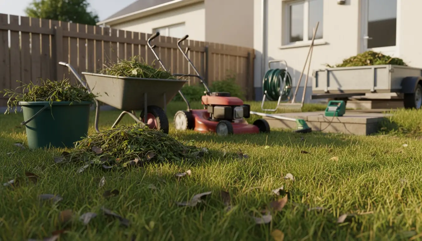 Lille parcelhave med højt græs, fyldte haveredskaber og trailer klar til bortkørsel af haveaffald.