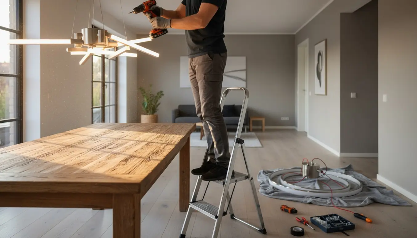 Hånd monterer en LED-lysekrone over et træspisebord, mens en pendellampe og værktøj ligger klar.