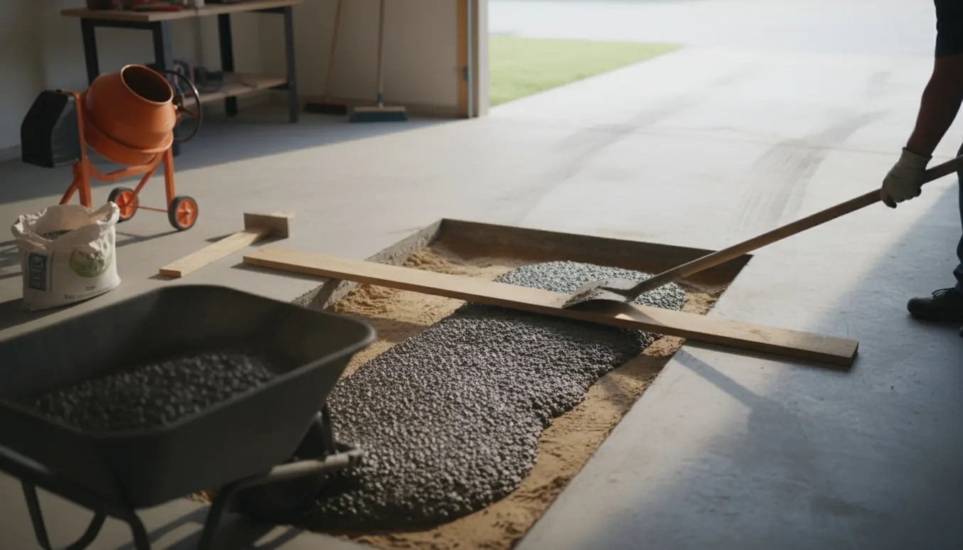 Garagemiljø med en rektangulær betonreparation i gulvet, frisk beton fyldes og afrettes uden efterbehandling.