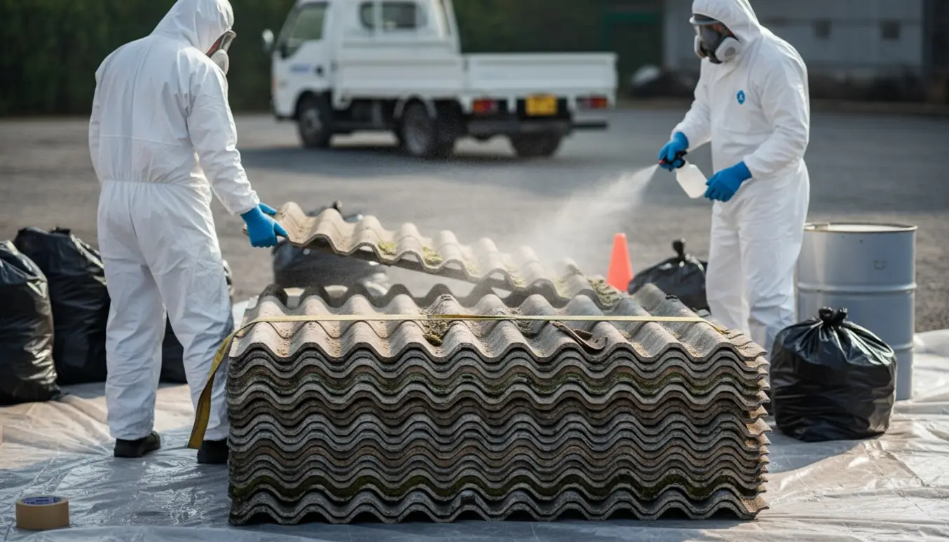 Stak grå, vejrede asbestplader på plast med arbejdere i beskyttelsesdragter og åndedrætsværn, klar til sikker fjernelse.