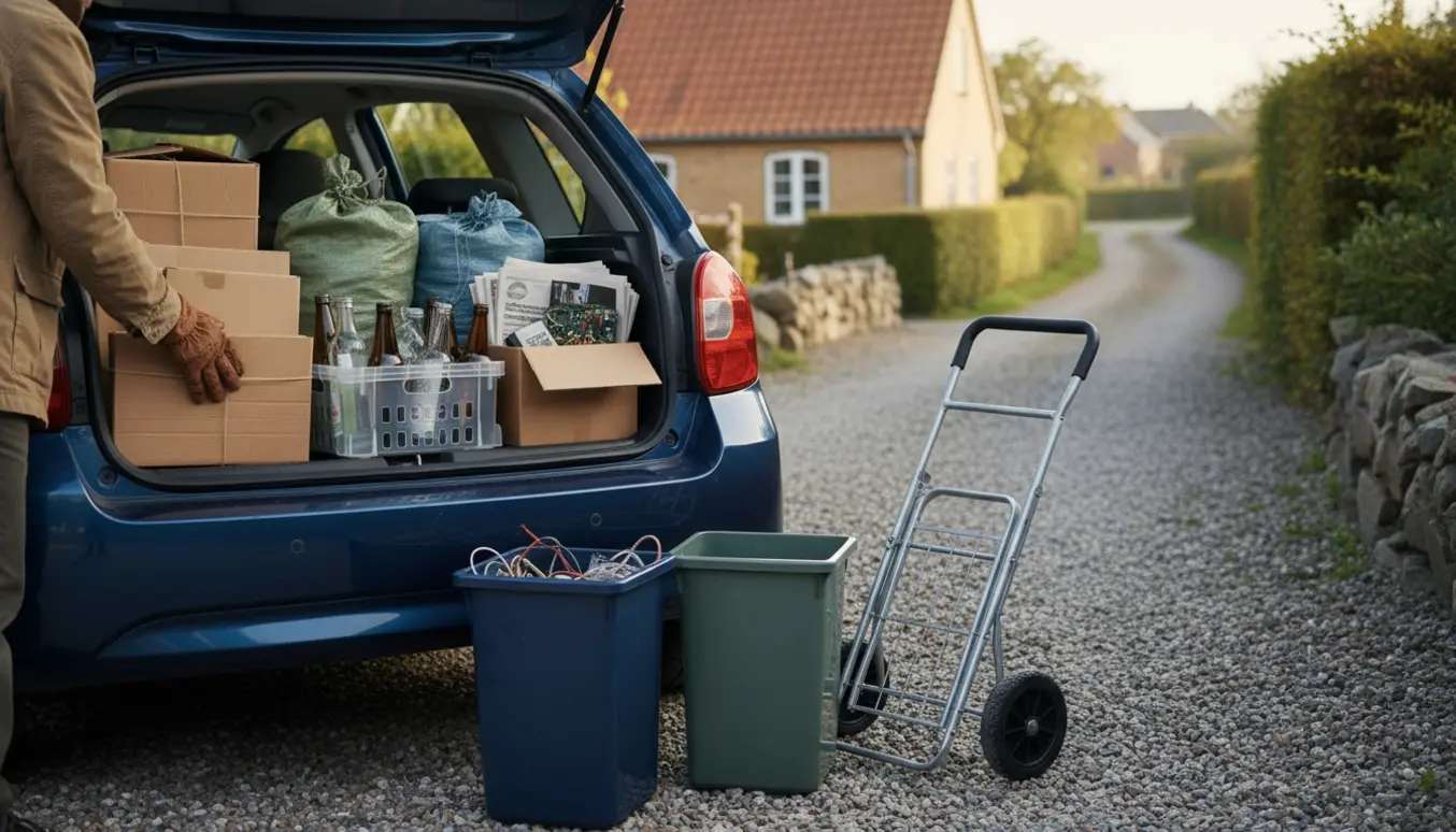 Åben bilbagagerum ved havelåge fyldt med sorteret affald og genbrugskasser, klar til at blive kørt til genbrugspladsen.