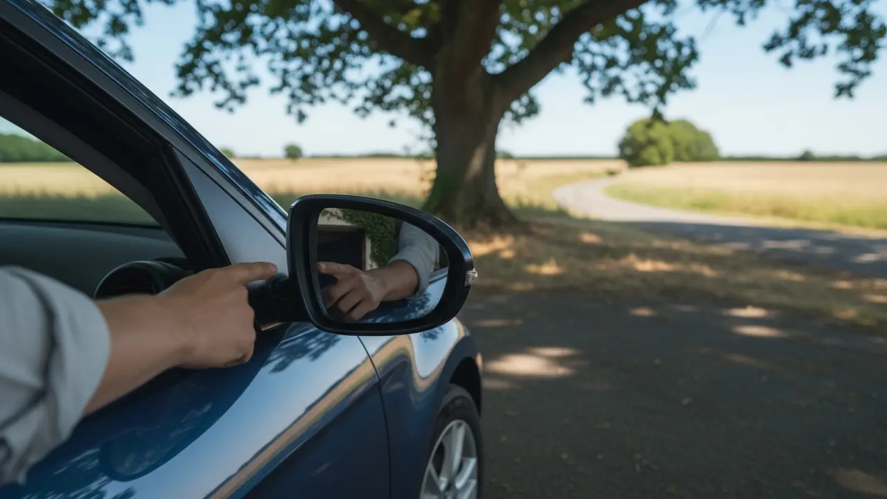 Bil parkeret i skygge med fokus på sidespejlet, klar til rengøring