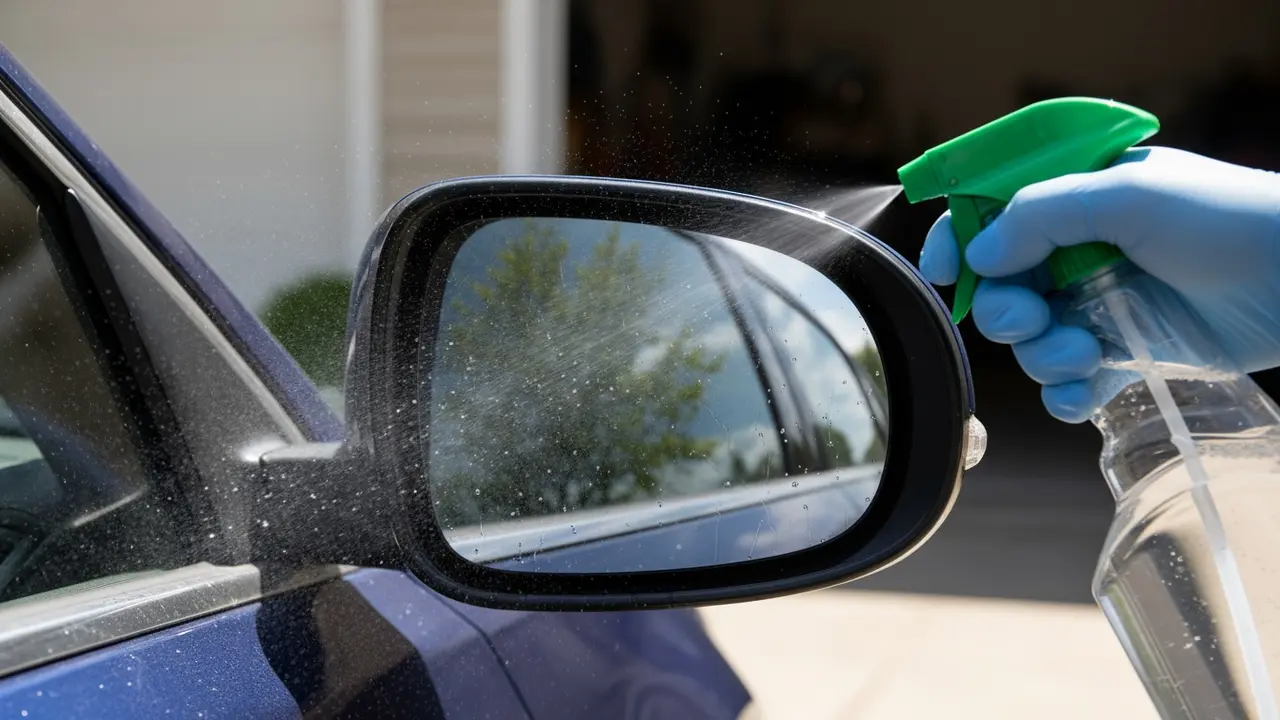 Nærbillede af glasrens sprøjtes let på bilens sidespejl i en fin tåge