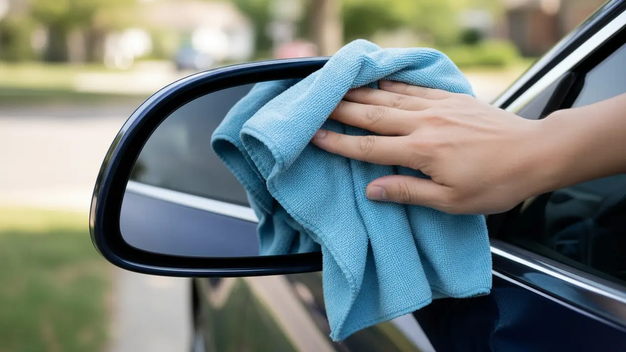 Hånd polerer bilens spejl med tør mikrofiberklud i cirkulære bevægelser