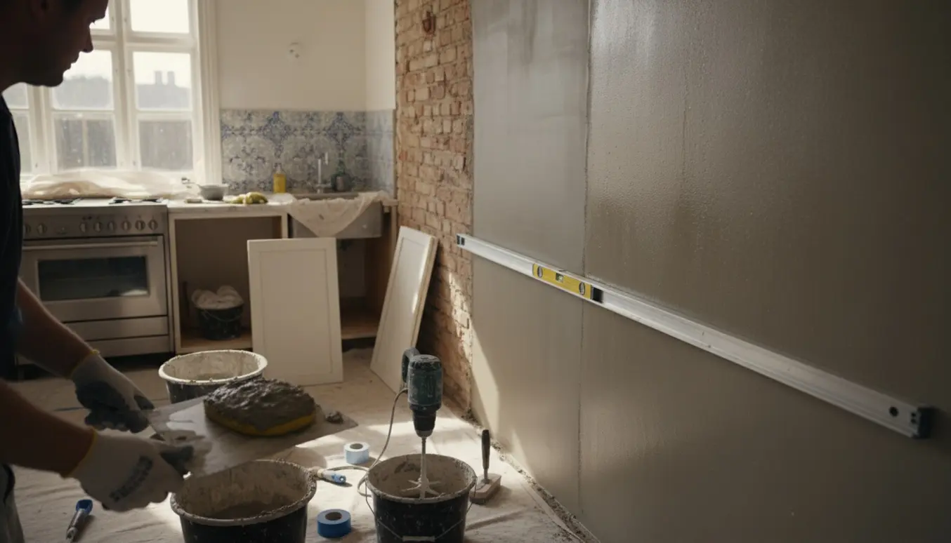 En murer retter og vandskurer køkkenvægge med værktøj og beskyttede overflader i dagslys.