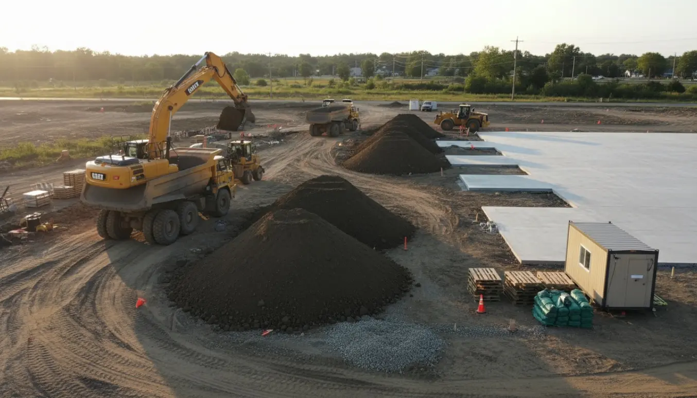 Gravemaskine læsser ren jord op i en dumper ved en nybyggrund med adgang fra tre sider.