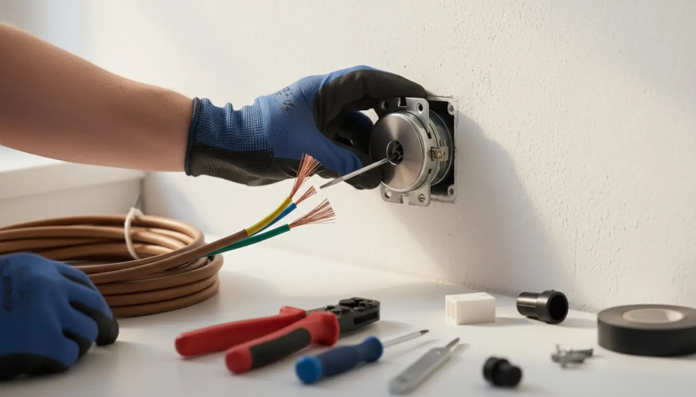 Nærbillede af hænder, der monterer et potentiometer i en vægboks med 230 V-kabel og værktøj.