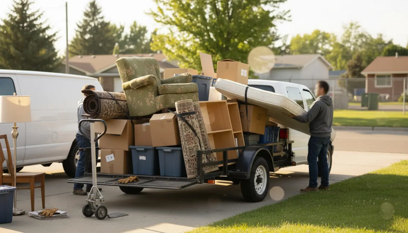 Varevogn med trailer og hjælpere læsser møbler og flyttekasser i indkørsel klar til kørsel til genbrugspladsen.