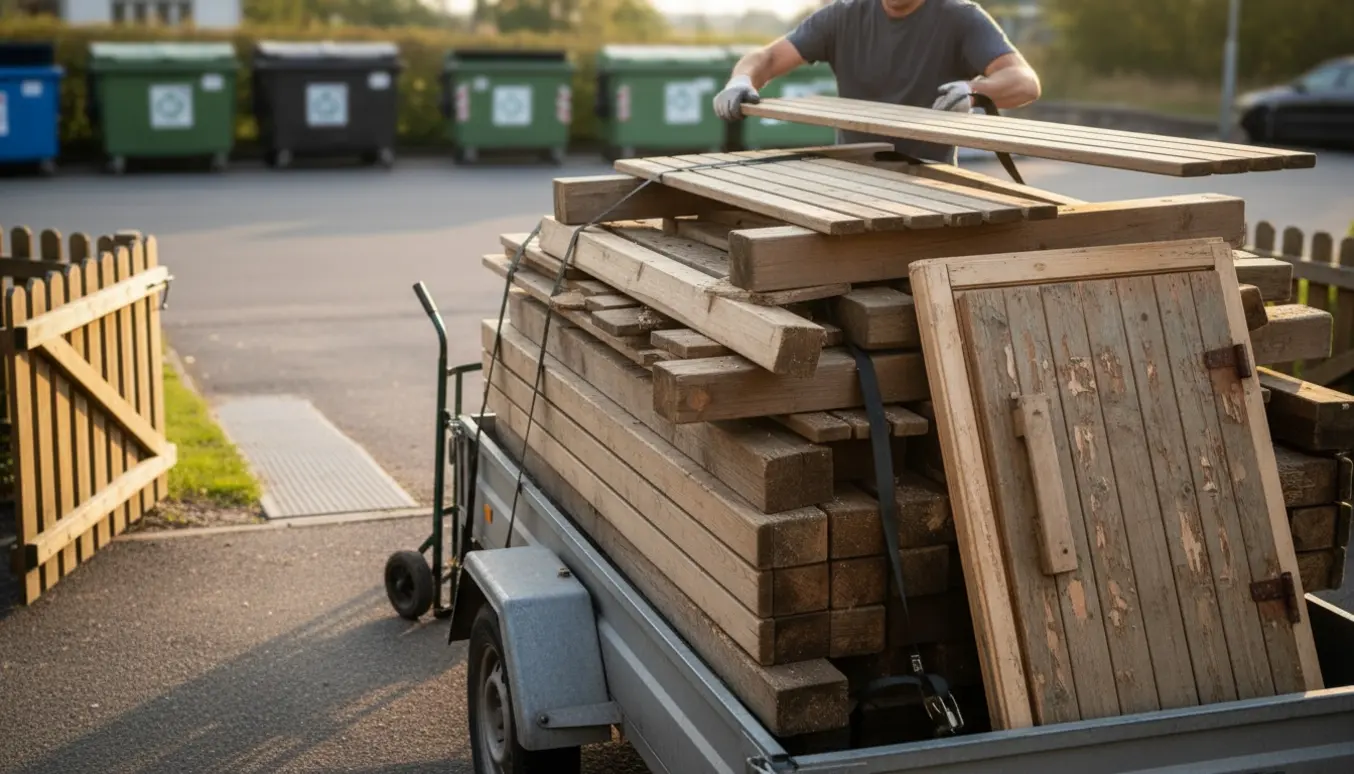 Åben trailer på indkørsel med stablede gamle saunabænke og en slidt trædør klar til bortkørsel.