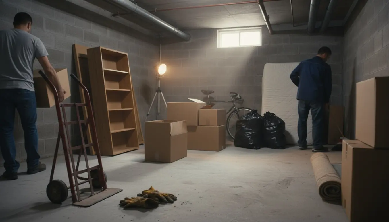 Et lille kælderrum under tømning med stabler af kasser, håndtruck i forgrunden og en person med ryggen til, der bærer en kasse.