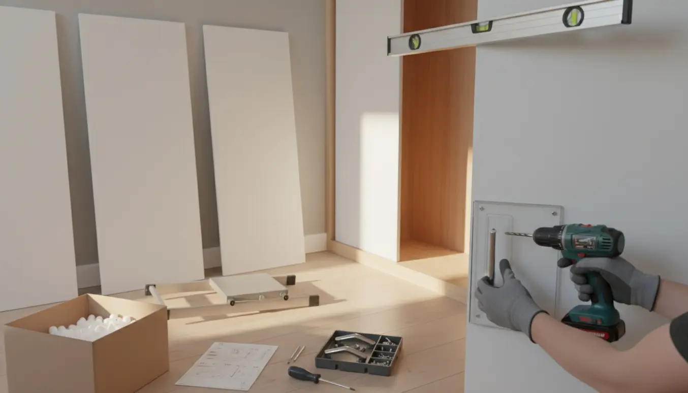 Hænder monterer en høj garderobelåge i et indbygget skab med boremaskine og beslag.