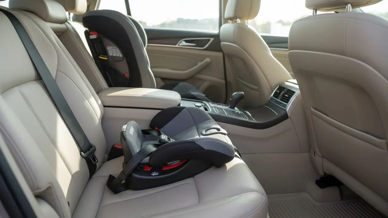 Ren bilindretning med en ren autostol og pæne sæder i naturligt dagslys.