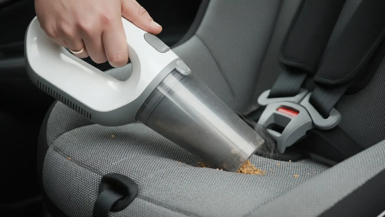 Nærbillede af en håndstøvsuger der fjerner krummer fra en autostols kroge.