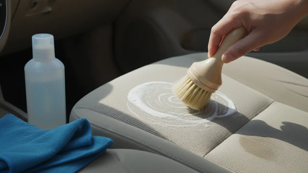 Blød børste påfører mild sæderens på et stofsæde med pletprøve og microfiberklud ved siden af.