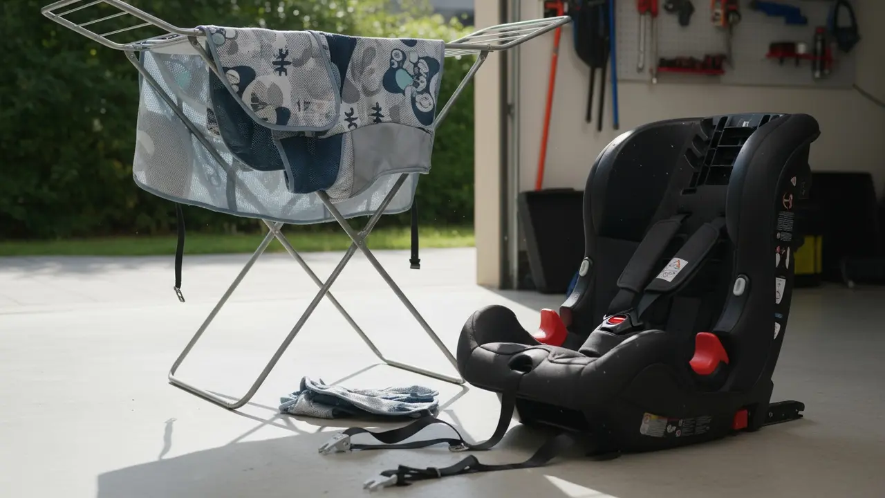 Autostolens betræk hængt til lufttørring i solen ved siden af sædebasen og seler.