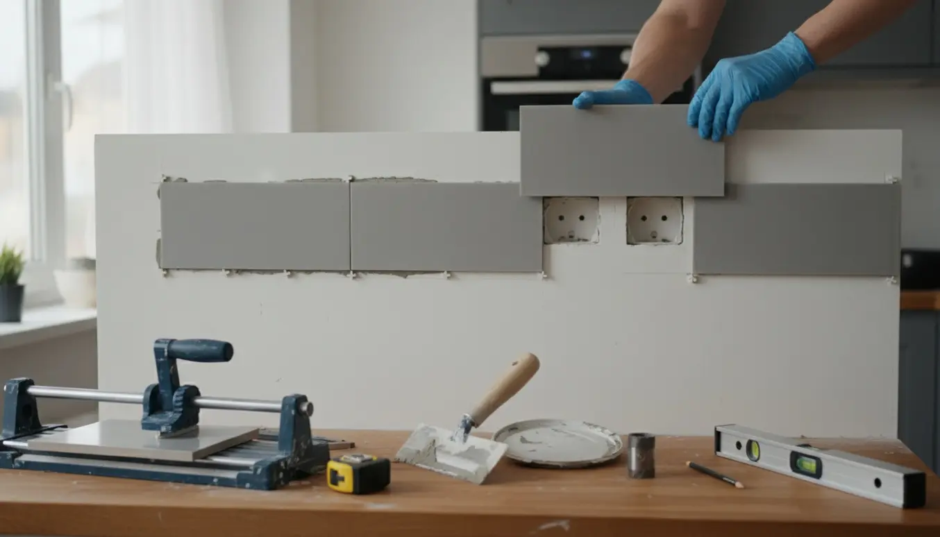 Nærbillede af hænder, der monterer fem fliser som backsplash med tre udskårne huller til stikkontakter.