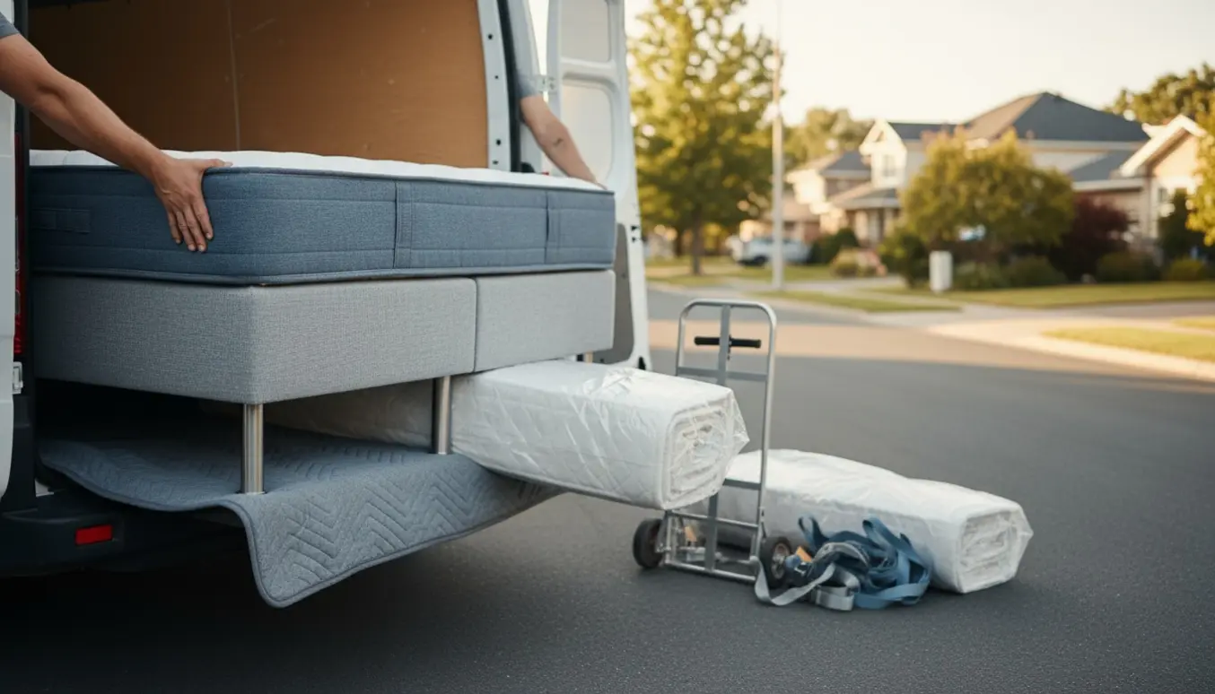 Boxmadras med stålben og rullemadras ved åben varevogn under flytning i blødt eftermiddagslys.