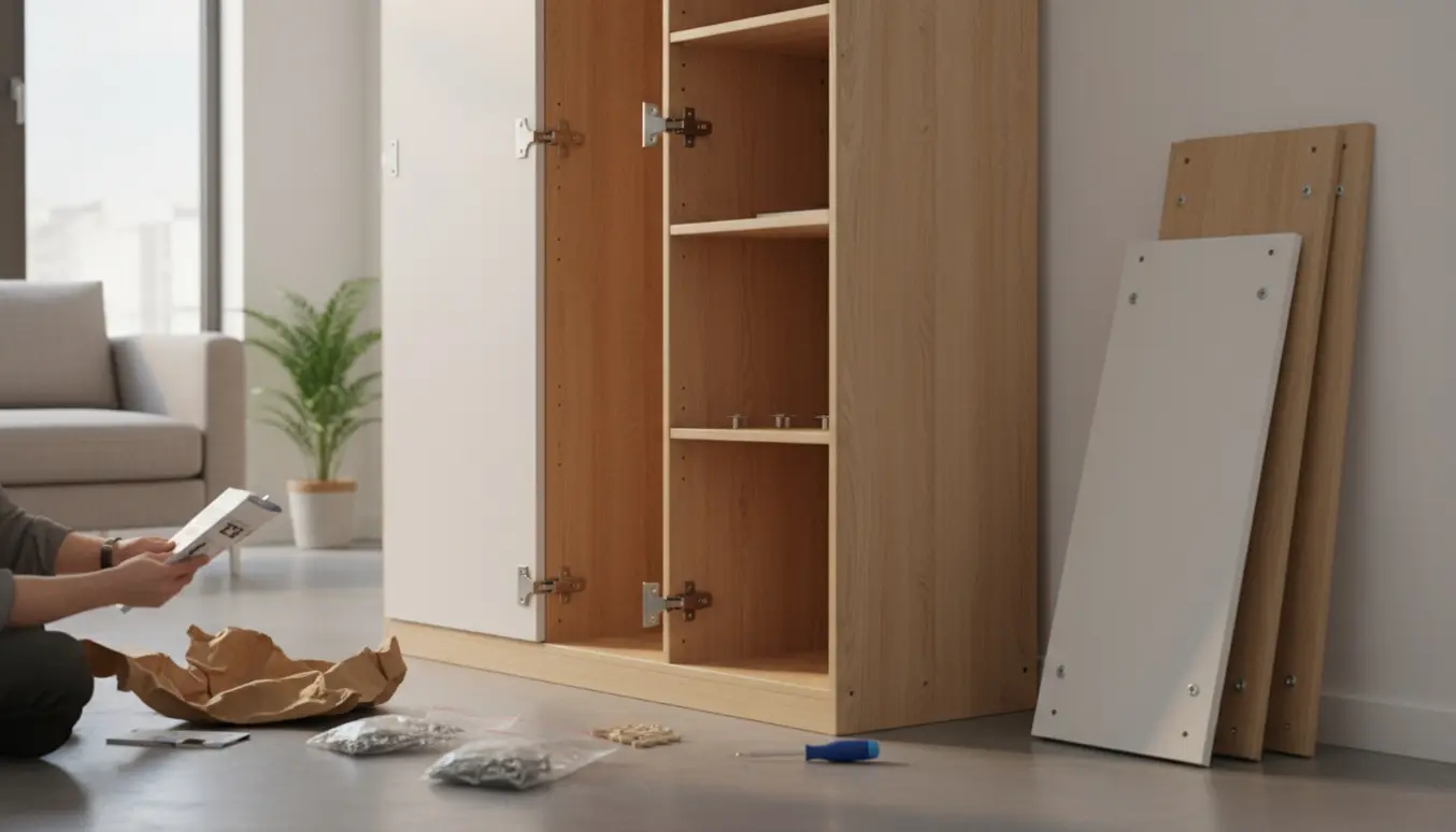 Hænder samler et højt IKEA-skab stående i en lys stue med manual og værktøj.