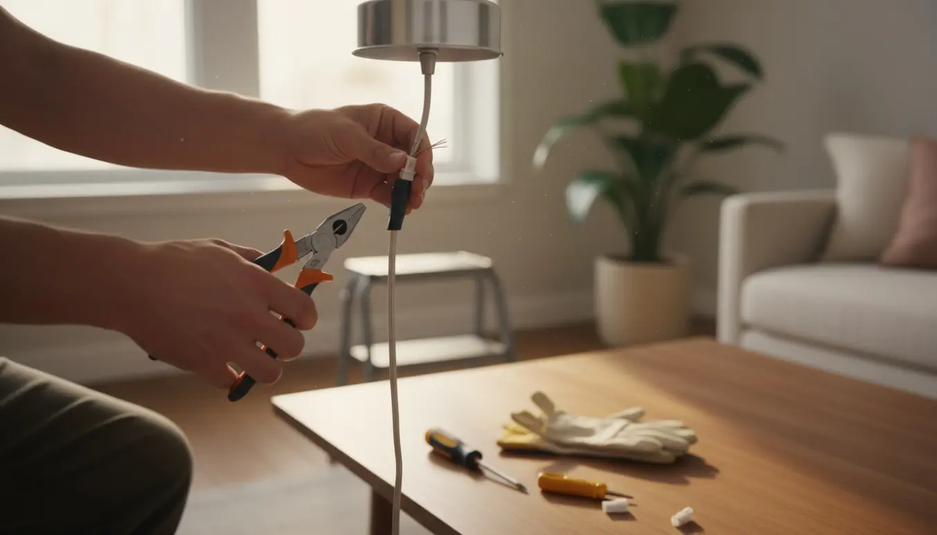 Hænder forkorter ledningen til en ophængt lampe under et lavt loft med værktøj og en skammel i nærheden.