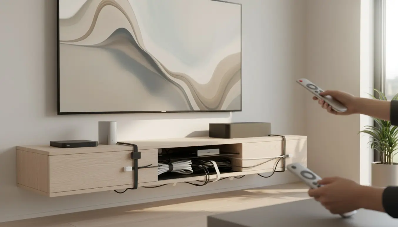 Ryddet tv-møbel med fladt tv, streaming-boks, lydboks, organiserede kabler og en universel fjernbetjening.