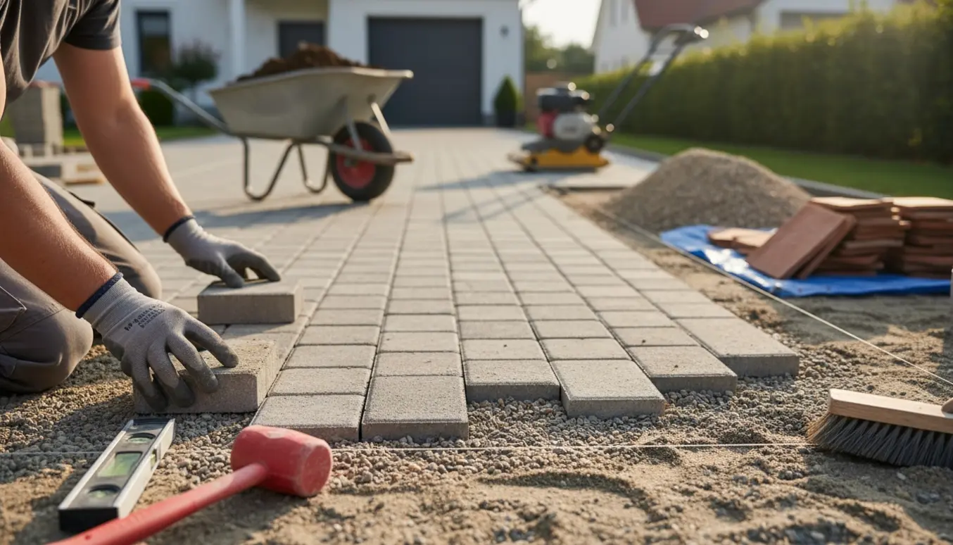En indkørsel under fliselægning med nye fliser, bunker af grus og værktøj.