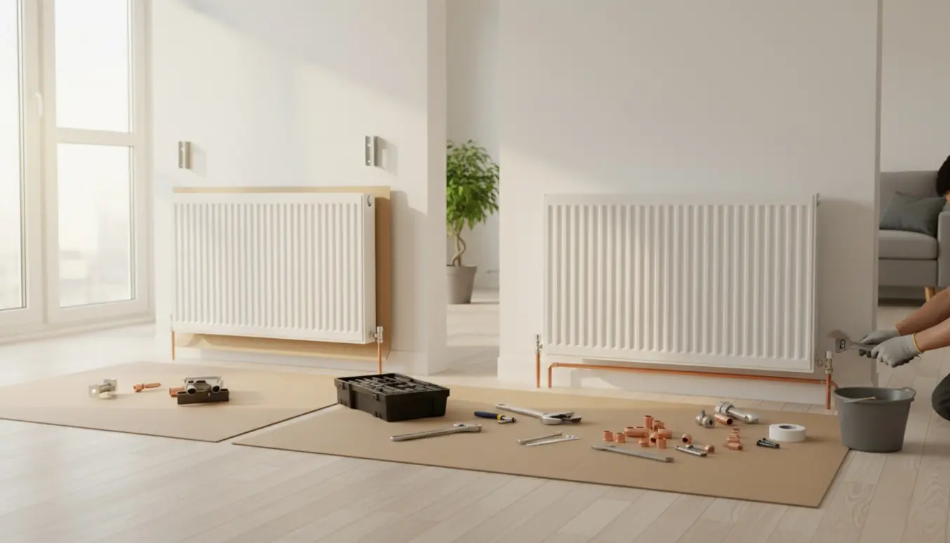 To hvide panelradiatorer monteres i en lys stue med håndværkerhænder og værktøj på et beskyttelsesunderlag.