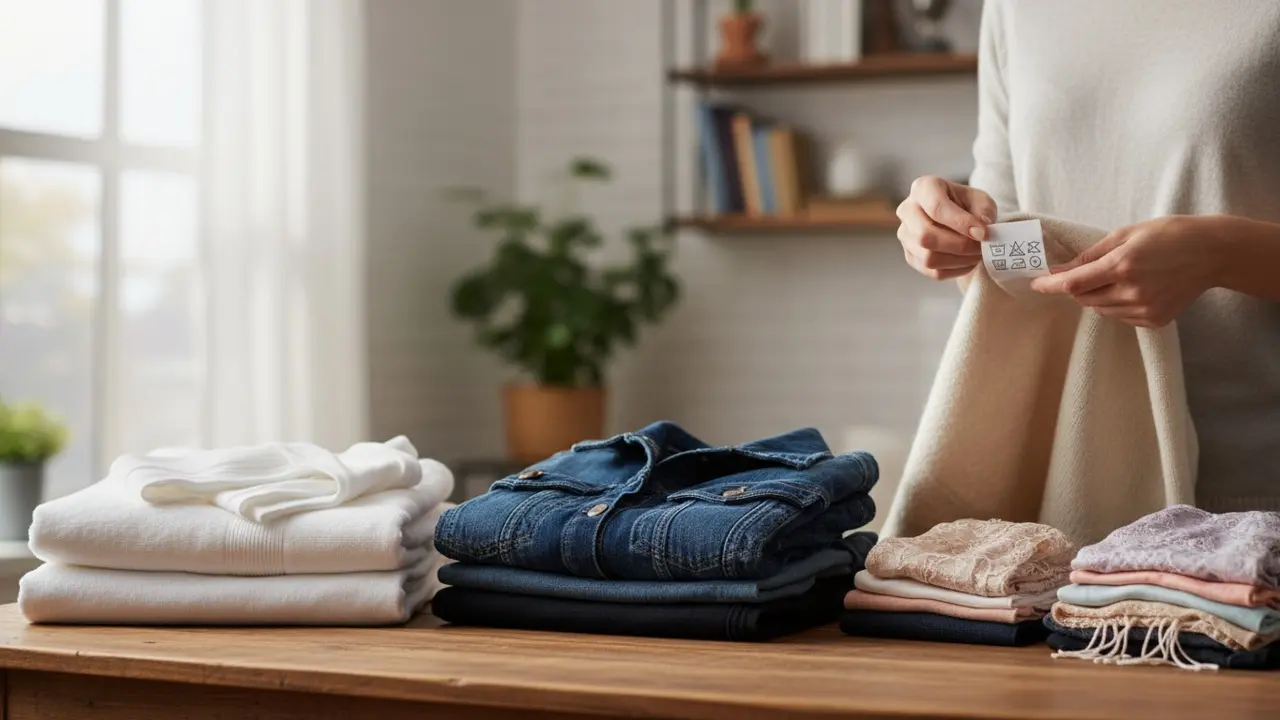 Person sorterer vasketøj efter farve og læser vaskeanvisning