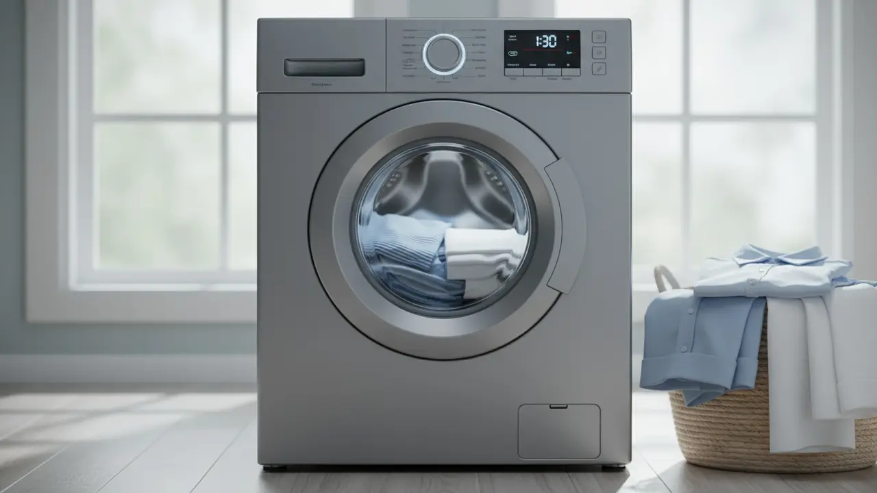 Frontbetjent vaskemaskine med programvælger og bomuldsvarer i kurv