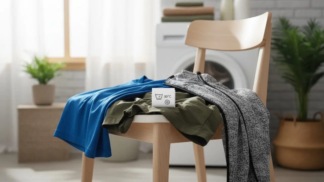 Syntetiske tekstiler og close-up af vaskeetiket med skånsomt vaskeikon