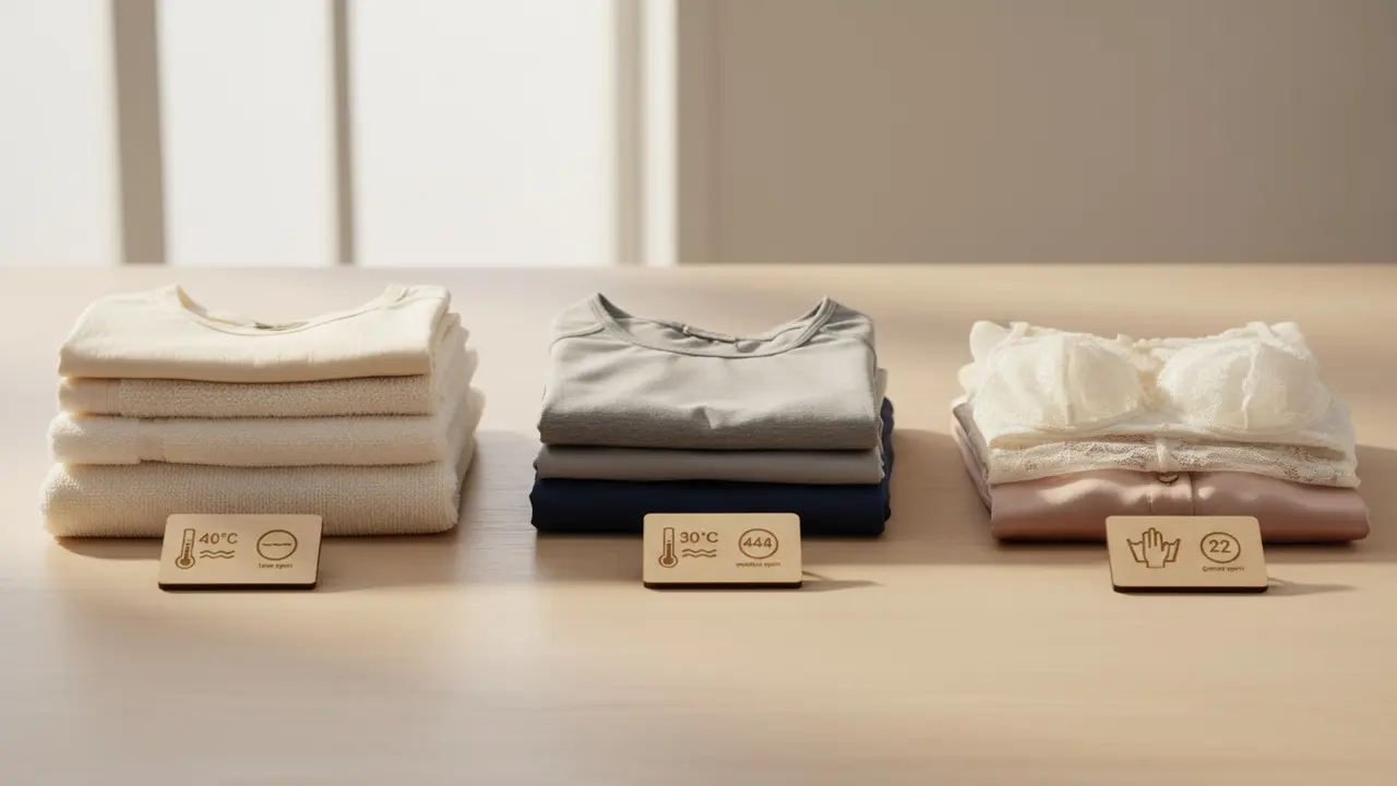 Tre bunker tøj med ikoner for anbefalet temperatur og centrifugering ved siden af