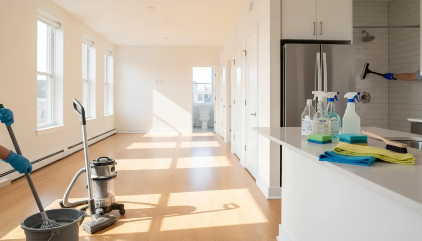 Hænder med handsker vrider en moppe i en lys, tom lejlighed under flytterengøring.