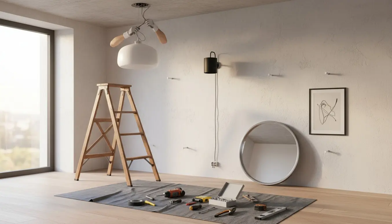 Hænder monterer en loftlampe og en væglampe med rawlplugge og værktøj i et lyst rum.