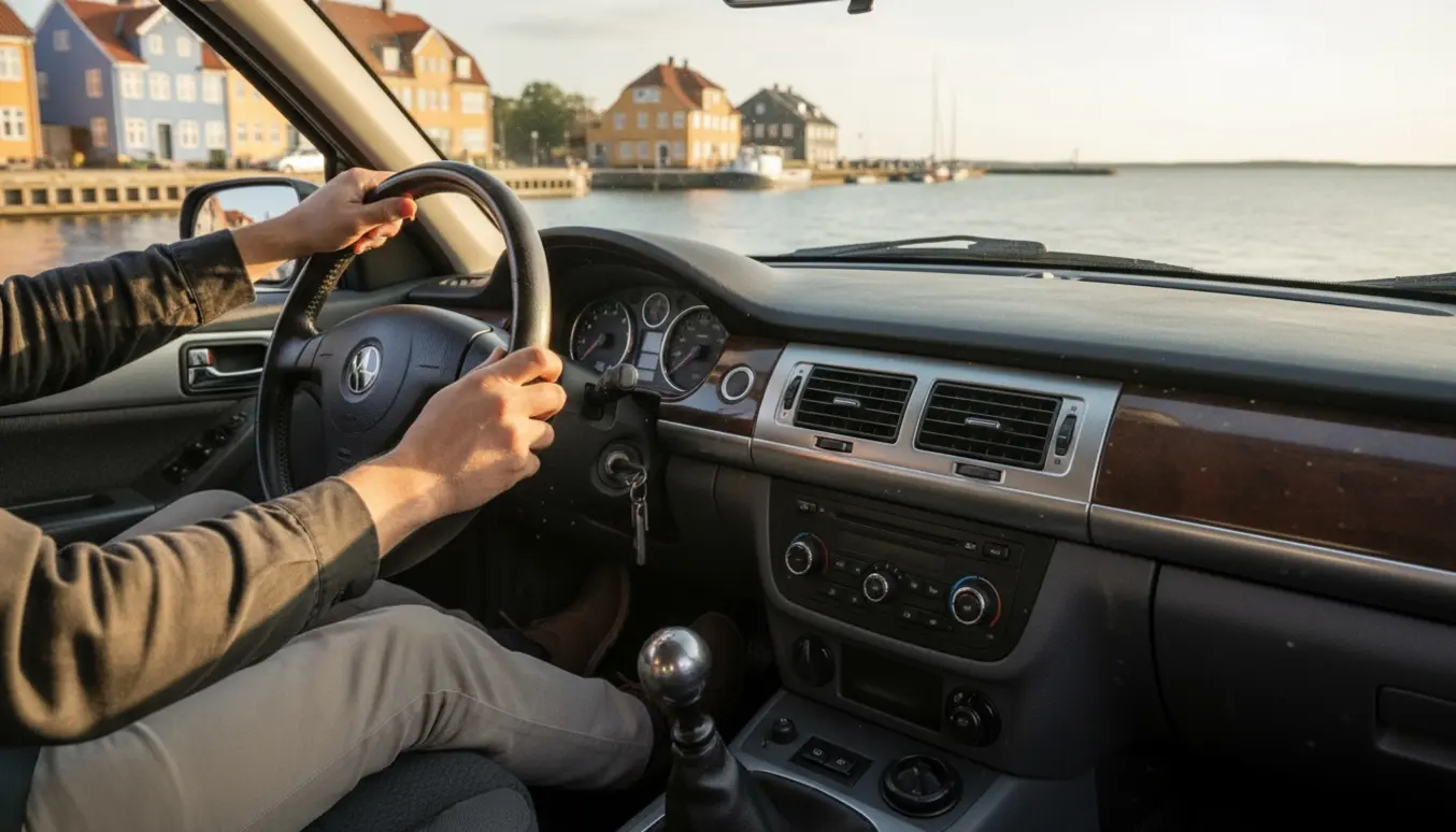 Indvendigt foto af en manuel bil med førerens hænder på gearstangen og vej mod Dragør i aftensol.