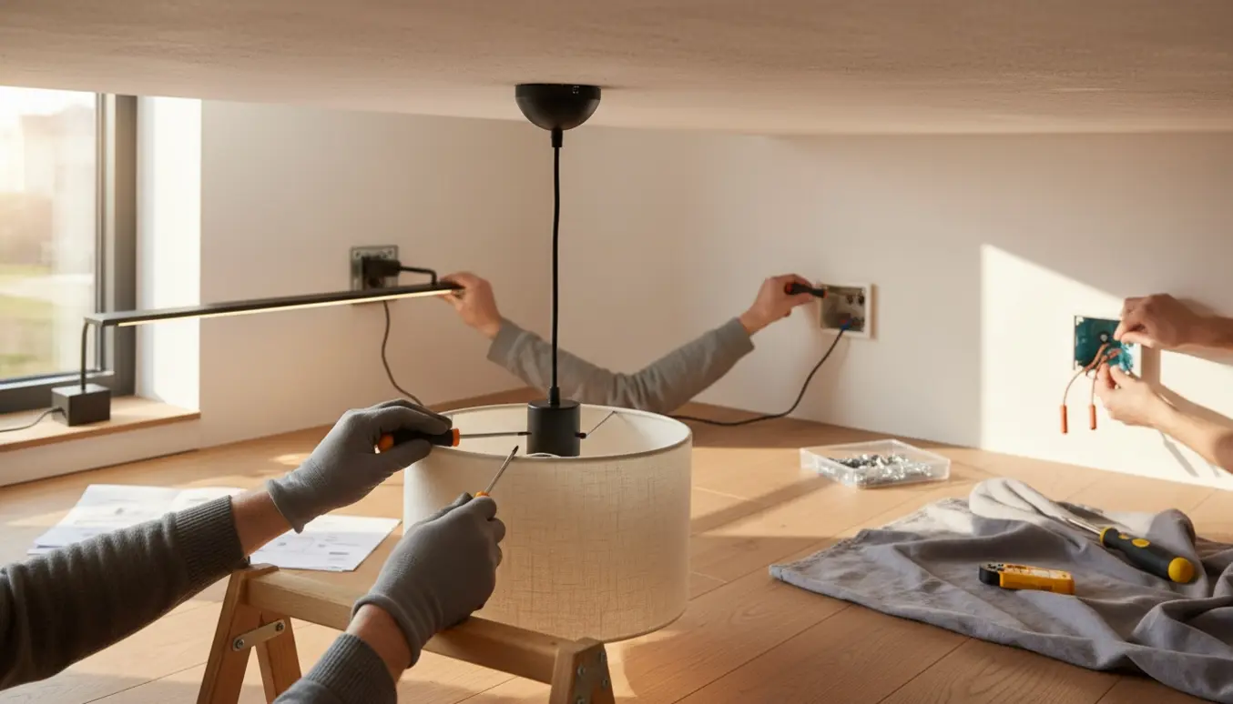 Hænder monterer en ny lampeskærm, stikkontakt og en moderne LED-væglampe i et lyst hjem med værktøj på gulvet.