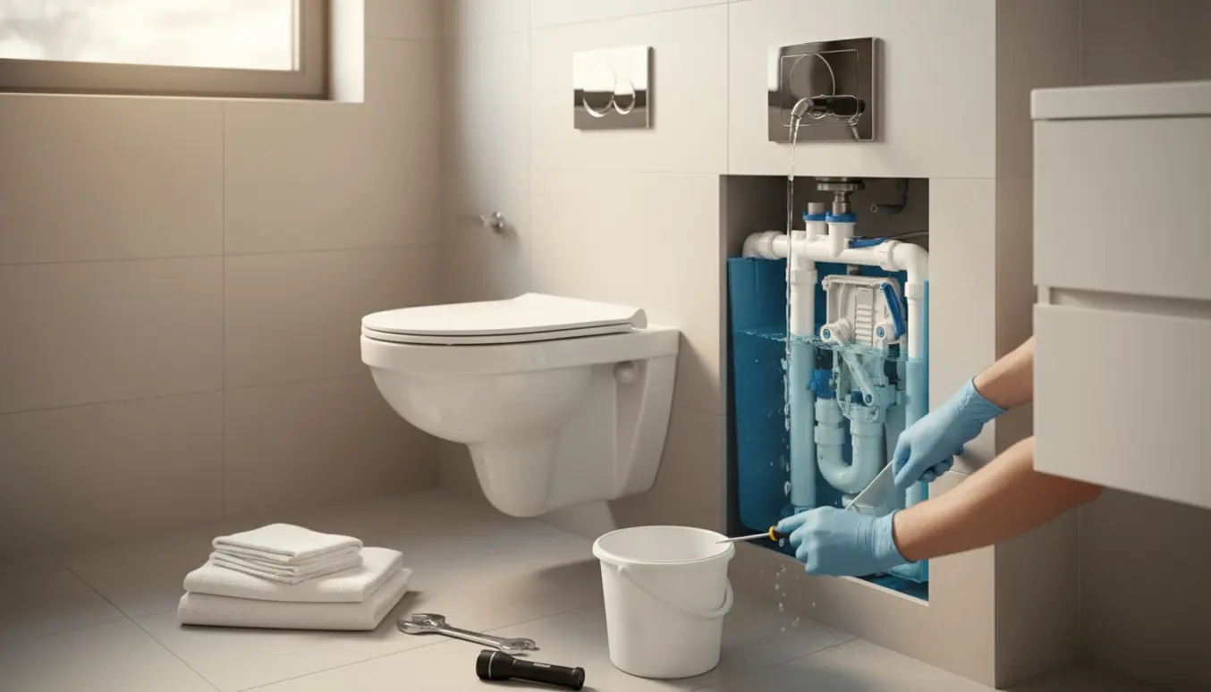 Åbent servicepanel på væghængt toilet viser cisternen med en dryppende ventil, mens hænder justerer mekanikken.