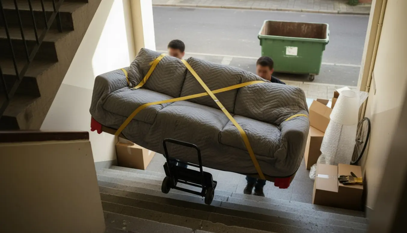 To personer bærer en 3-personers sofa ned ad trappen mod en lossetcontainer med flyttekasser og kældersager.