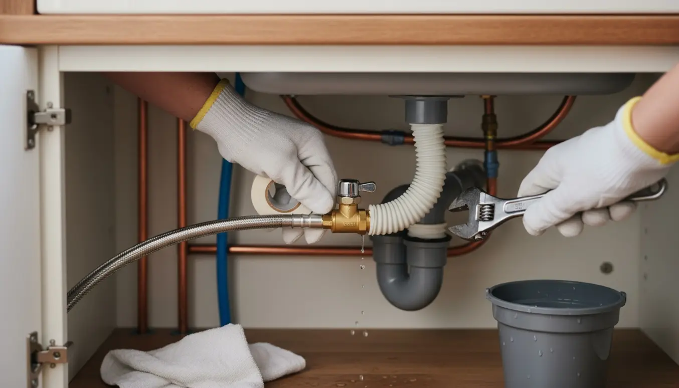 Hænder monterer t-stykke med kugleventil på vandrør og tilslutter ekstra afløb under køkkenvasken med værktøj i skabet.