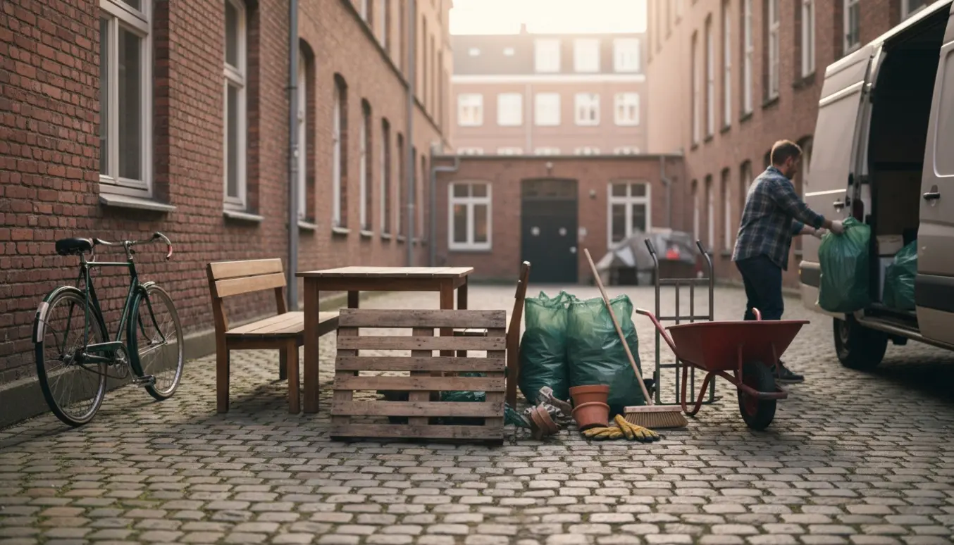 Baggård med træbord og bænk, tre paller og fyldte haveaffaldssække klar til bortskaffelse.