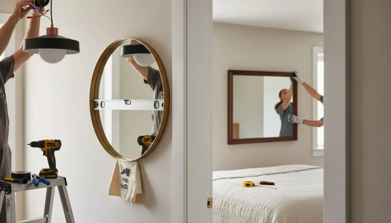 En person på en stige monterer en loftlampe i gangen, mens to spejle bliver sat op på væggene.