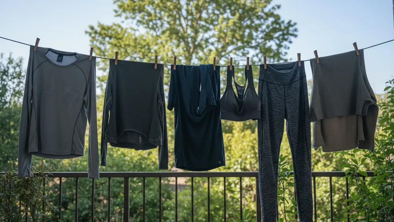 Sportstøj hængende til lufttørring på en tørresnor udendørs