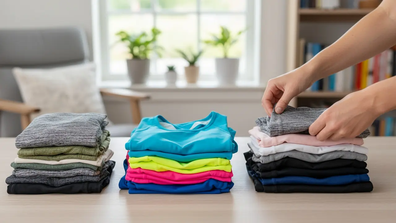 Hænder, der sorterer sportstøj i separate bunker efter materiale og farve