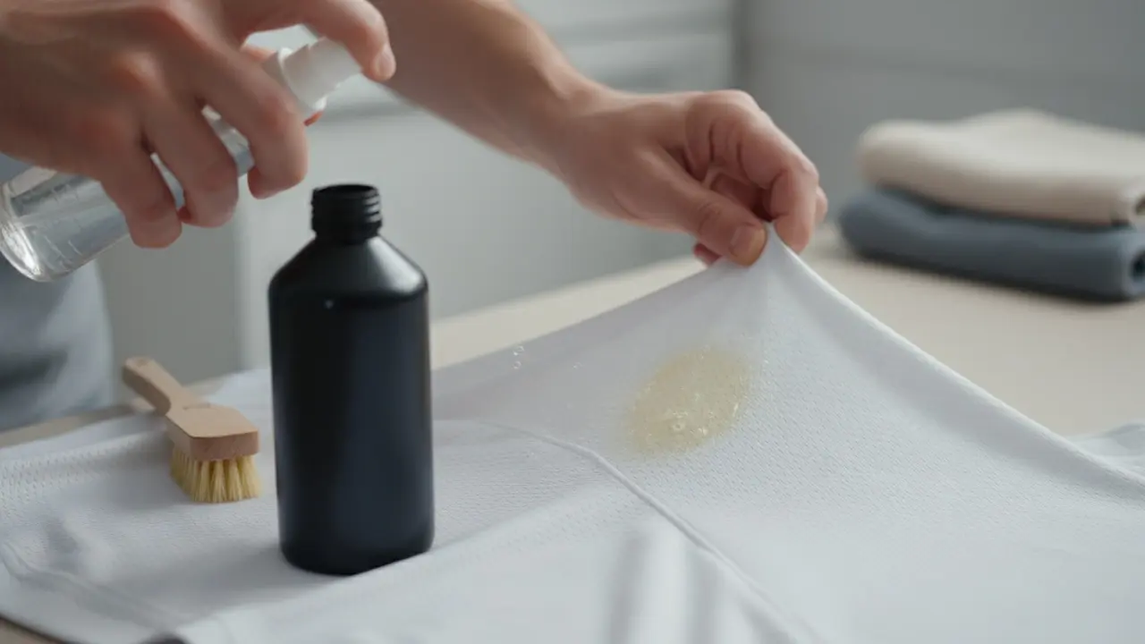 Påføring af pletfjerner på en svedplet i armhulen på en sportstrøje